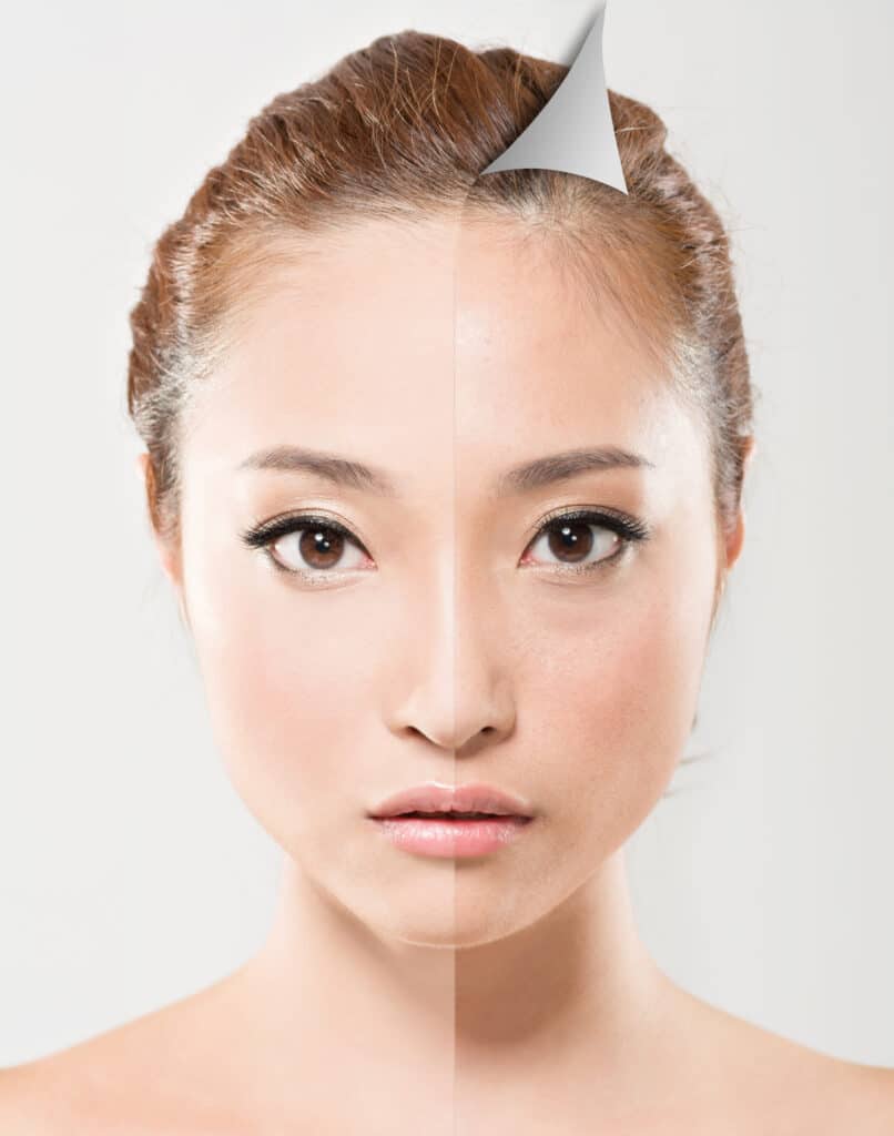 Face of beautiful Asian woman before and after retouch, concept of makeup or plastic surgery.